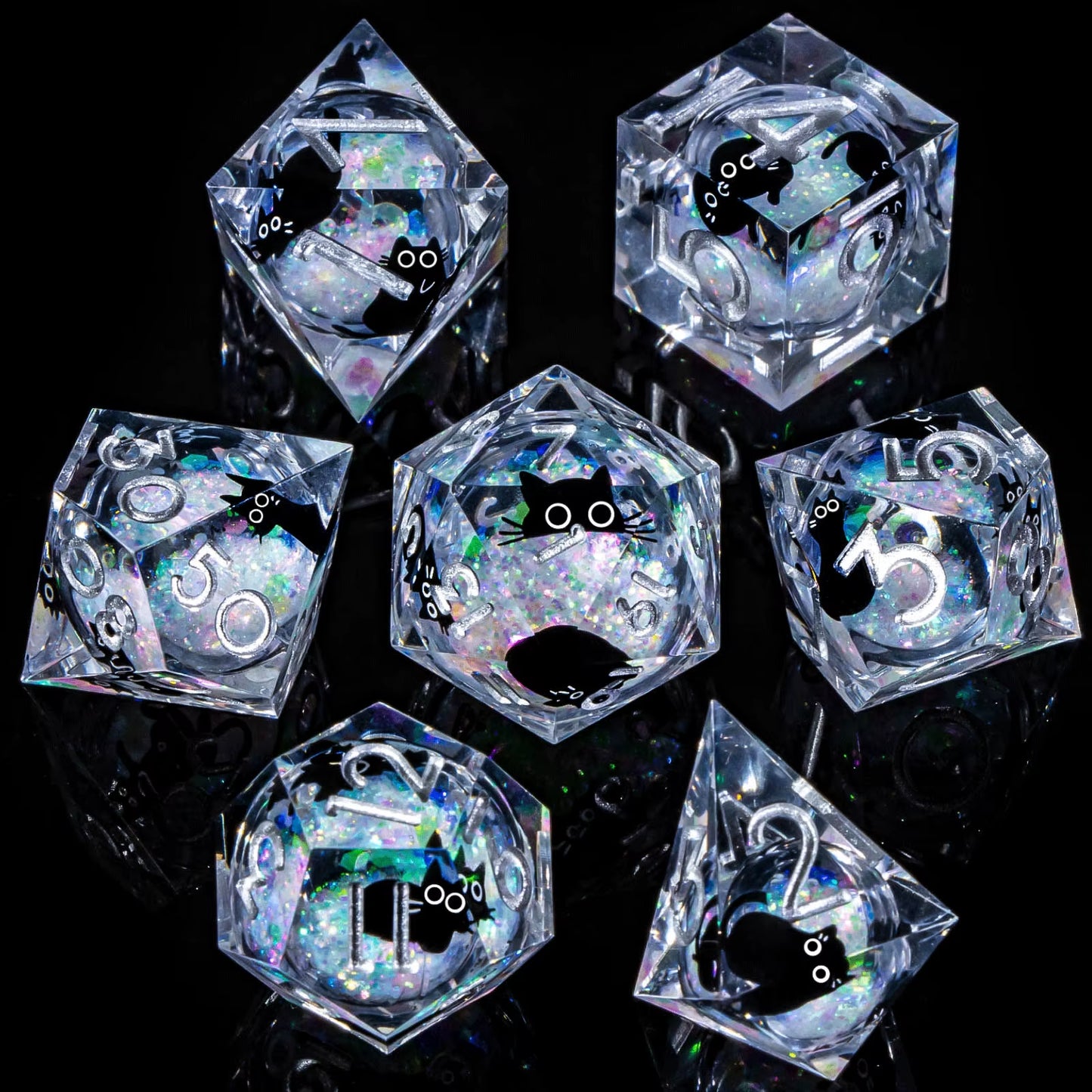 DND Cat Dice Set, Sharp Edge Resin Liquid Core Dungeon and Dragon Dice Set, RPG Role Playing D and D Dice D20 D12 D10 D8 D6 D4