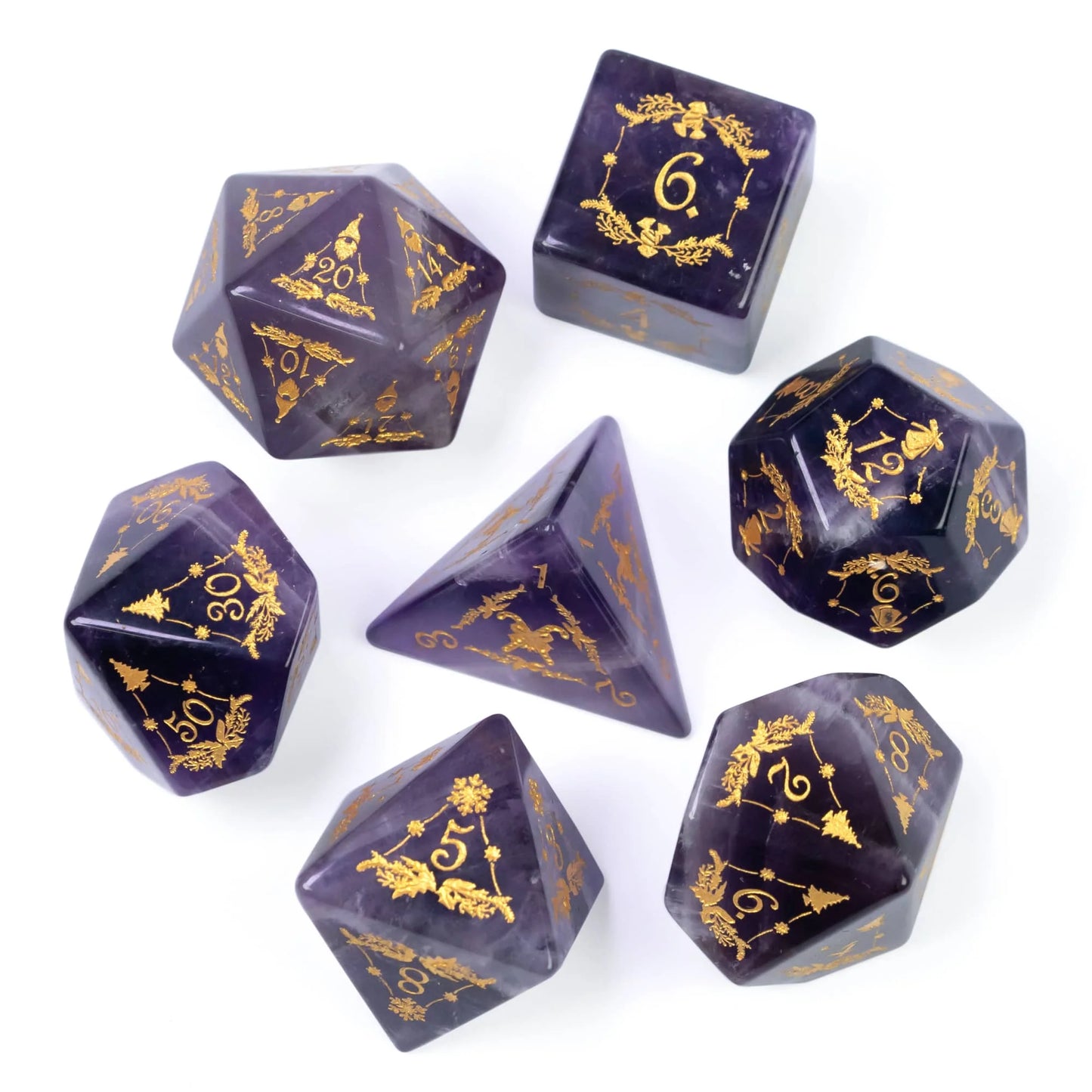 Stunning Handmade Amethyst Polyhedral Dice Set - 7pcs 16mm with Elegant Leather Box for D&D and RPG Collectors