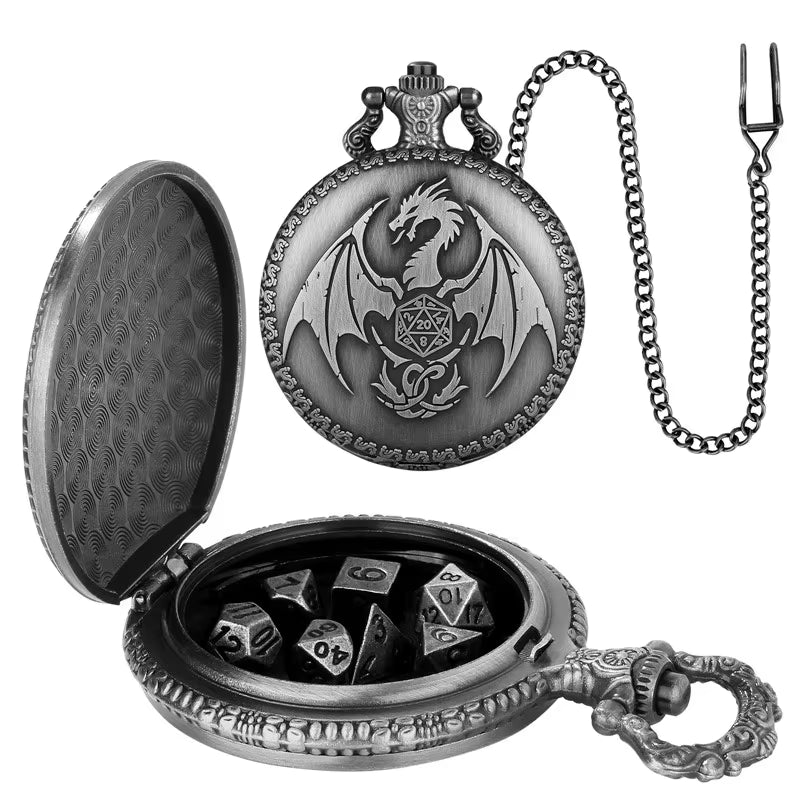 Dragon Pocket Watch Case with 7 Metal Polyhedral Dice - Retro Flip Dinosaur Jewelry Case for DND Adventures
