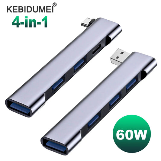 Ultimate 4-In-1 USB C Hub - 60W PD, Multi-Port Splitter for MacBook Pro, Lenovo, Xiaomi & More!