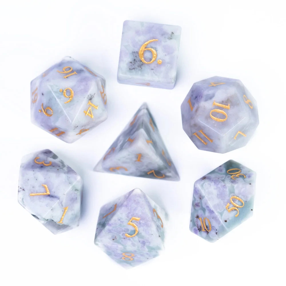 Stunning Handmade Amethyst Polyhedral Dice Set - 7pcs 16mm with Elegant Leather Box for D&D and RPG Collectors