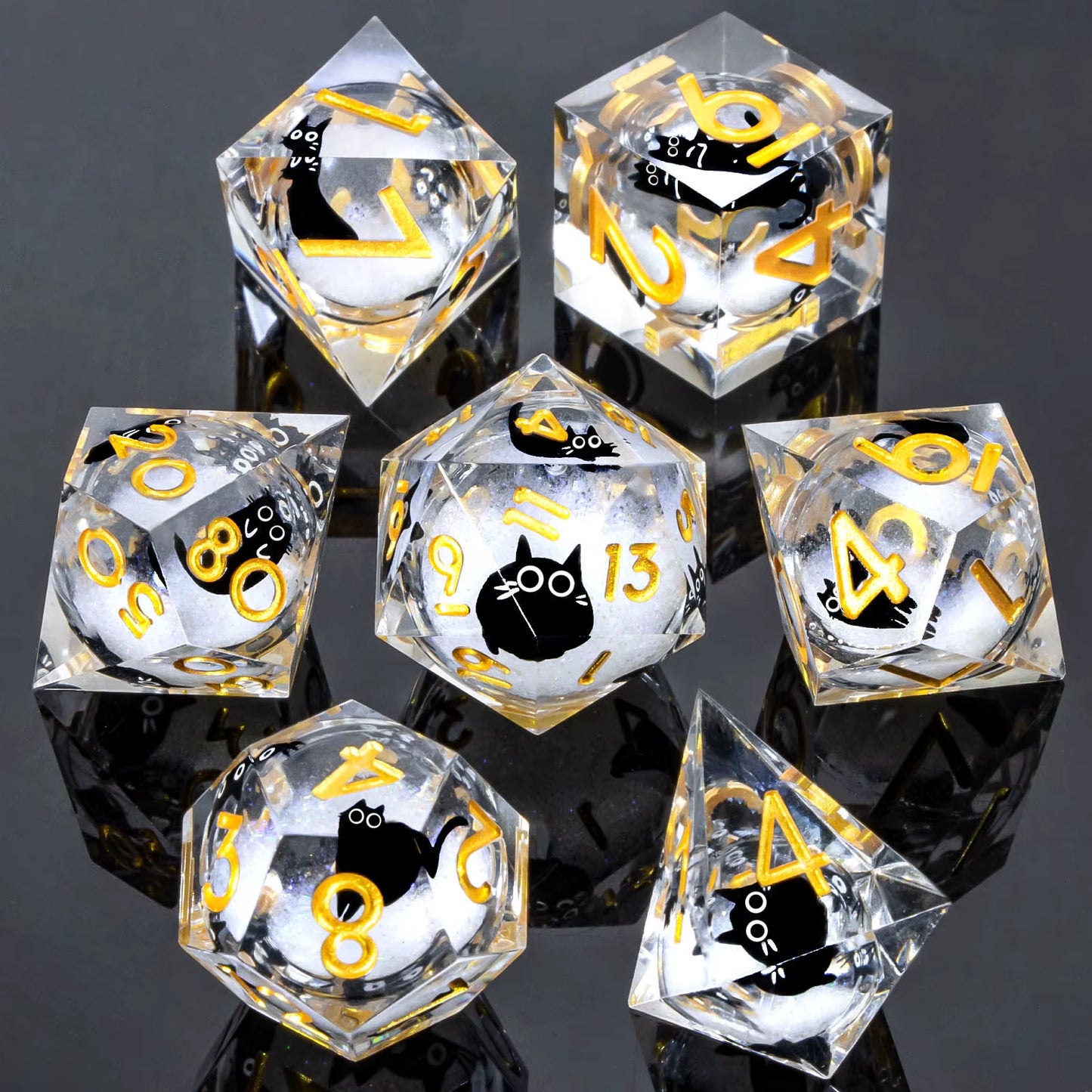 DND Cat Dice Set, Sharp Edge Resin Liquid Core Dungeon and Dragon Dice Set, RPG Role Playing D and D Dice D20 D12 D10 D8 D6 D4