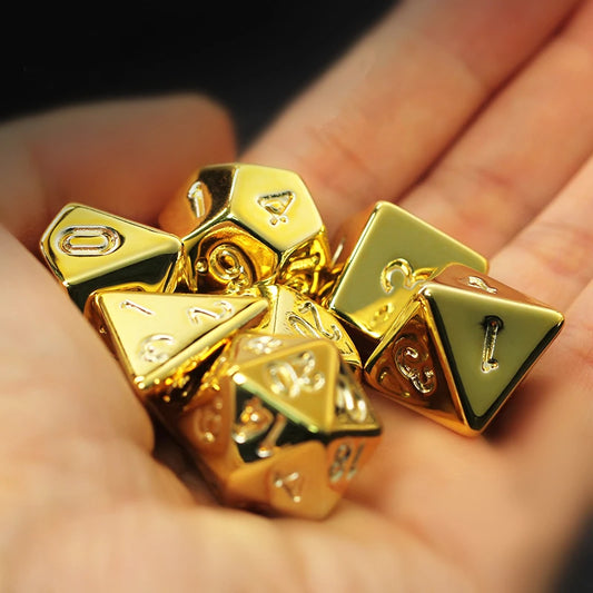 Premium 7-Piece Gold Plated Dice Set for D&D & RPG - D4, D6, D8, D10, D%, D12, D20 - Perfect for Tabletop Games - مجموعة نرد دي اند دي ذهبية