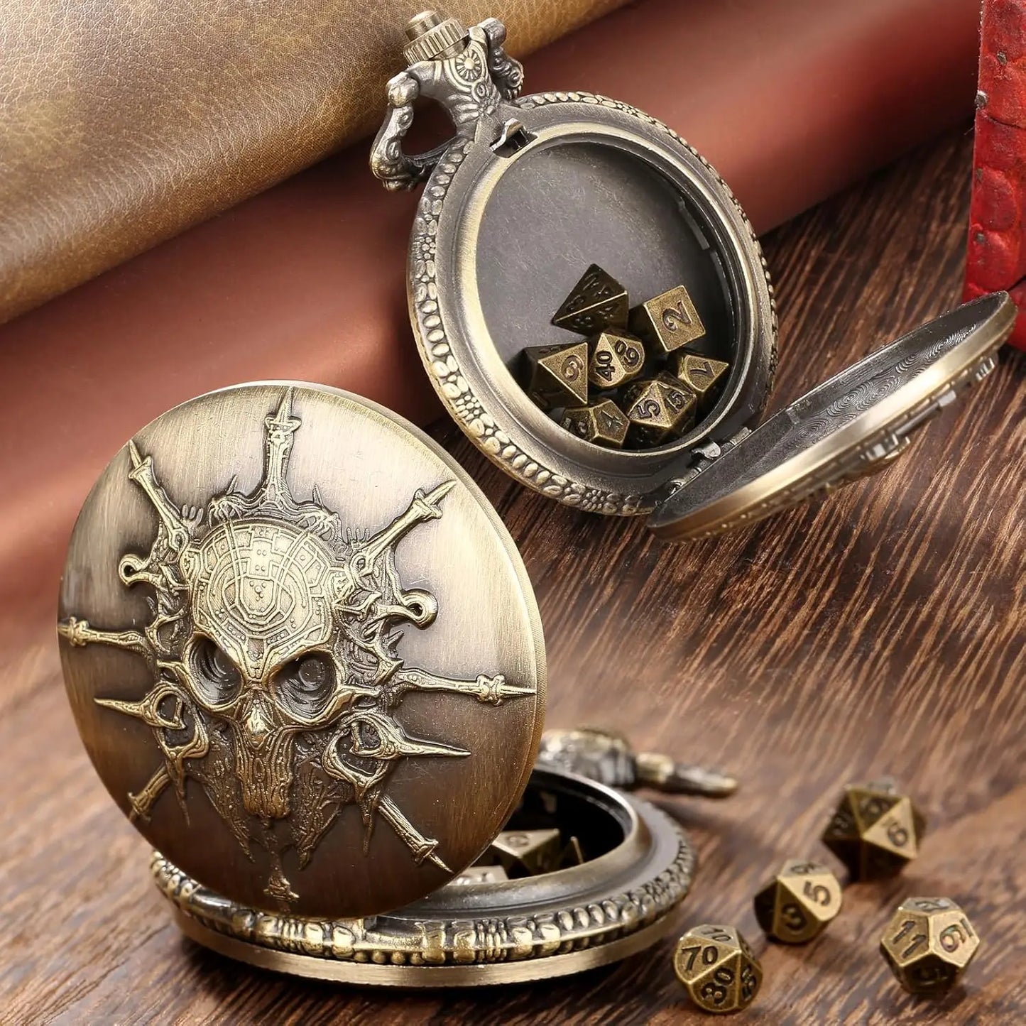 Steampunk Warlock Mini DND Dice Set - 7Pcs Polyhedral Metal Dice with Pocket Watch Shell Case for Dungeons & Dragons