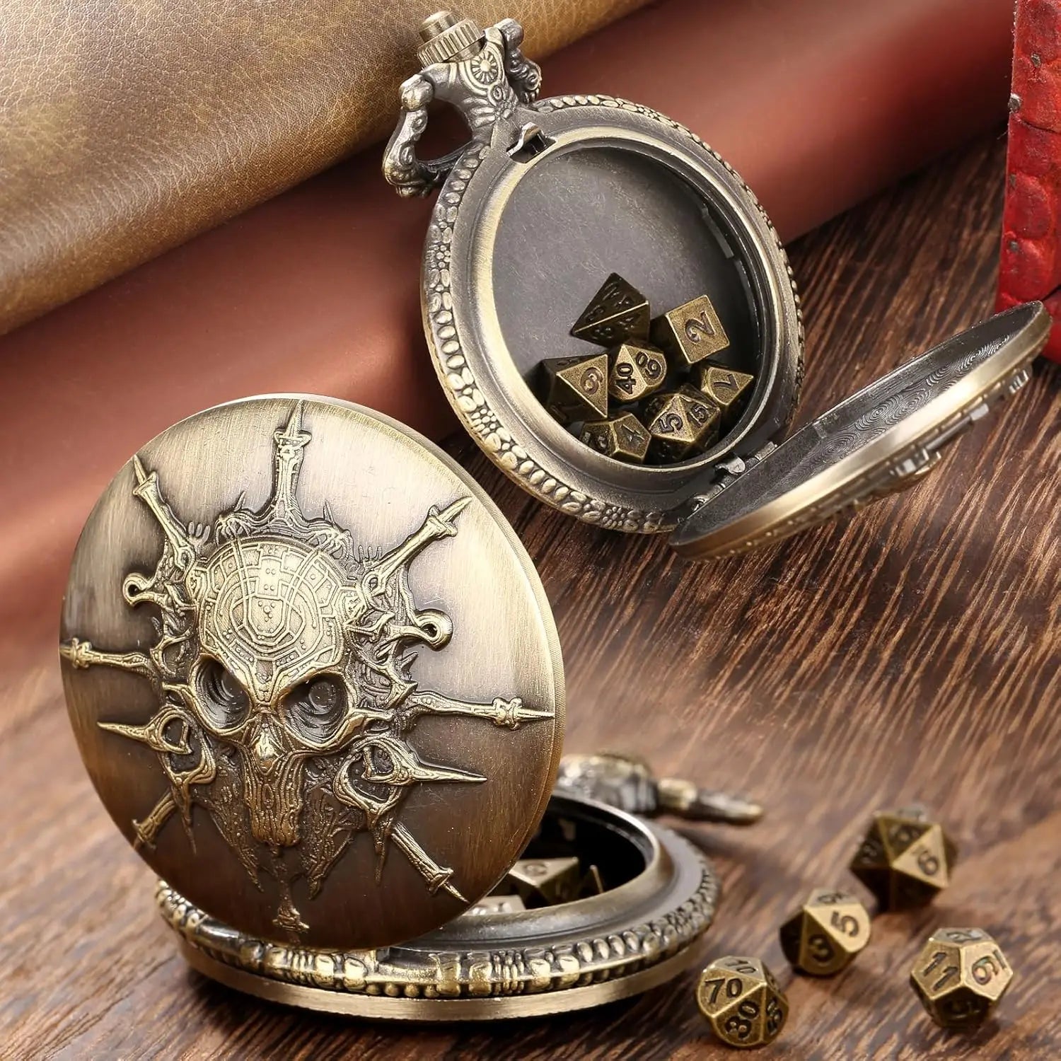Steampunk Warlock Mini DND Dice Set - 7Pcs Polyhedral Metal Dice with Pocket Watch Shell Case for Dungeons & Dragons