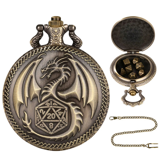 Dragon Pocket Watch Case with 7 Metal Polyhedral Dice - Retro Flip Dinosaur Jewelry Case for DND Adventures