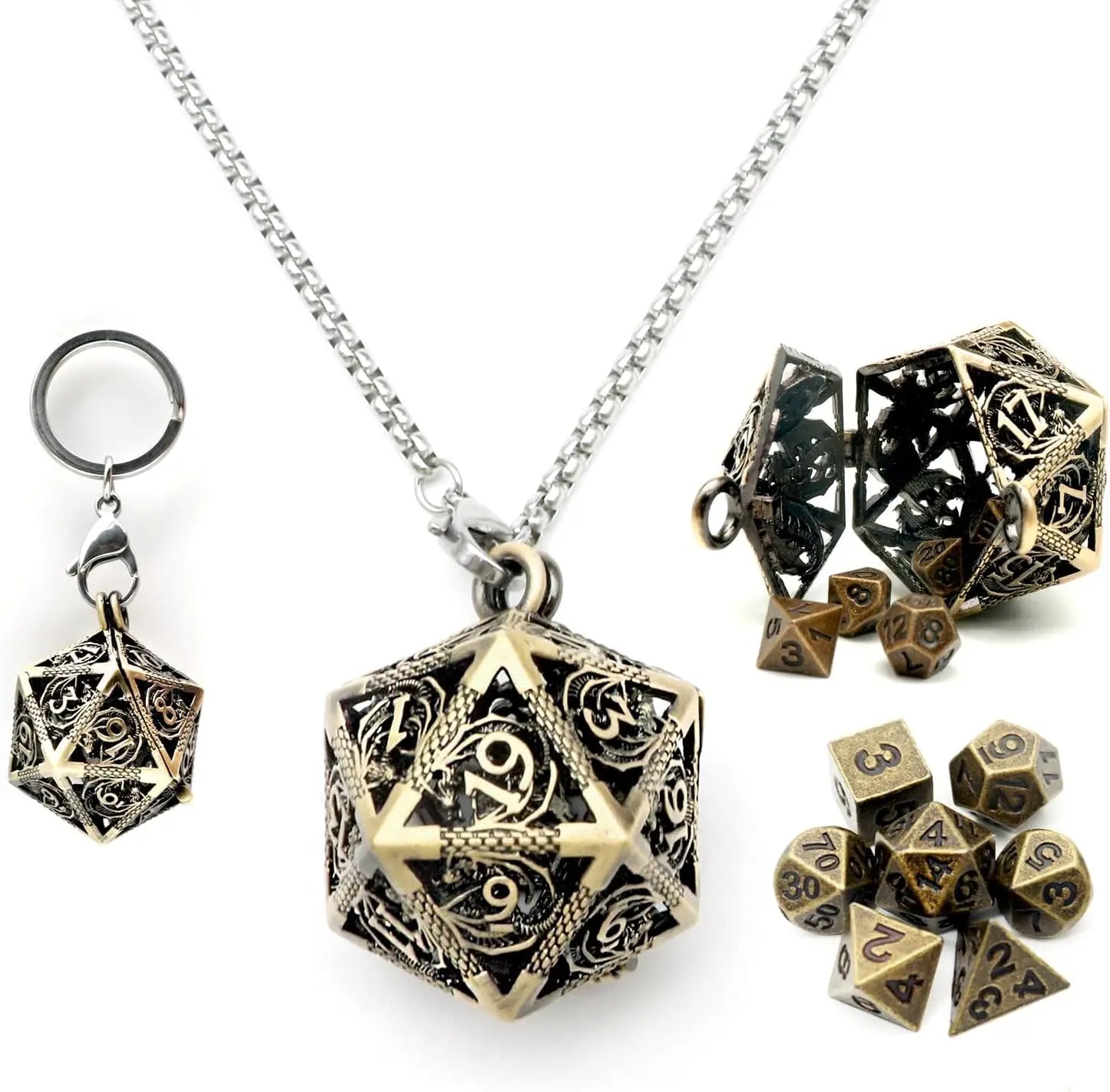 Antique Iron Mini Metal DND Dice Set with D20 Necklace and Portable Keychain Case – Perfect for Gamers!