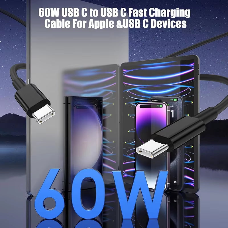 PD 60W Fast Charging Cable USB-C to Type C for Iphone 16 15 Samsung Xiaomi Huawei Type C Data Line White Black 1M 2M 3M