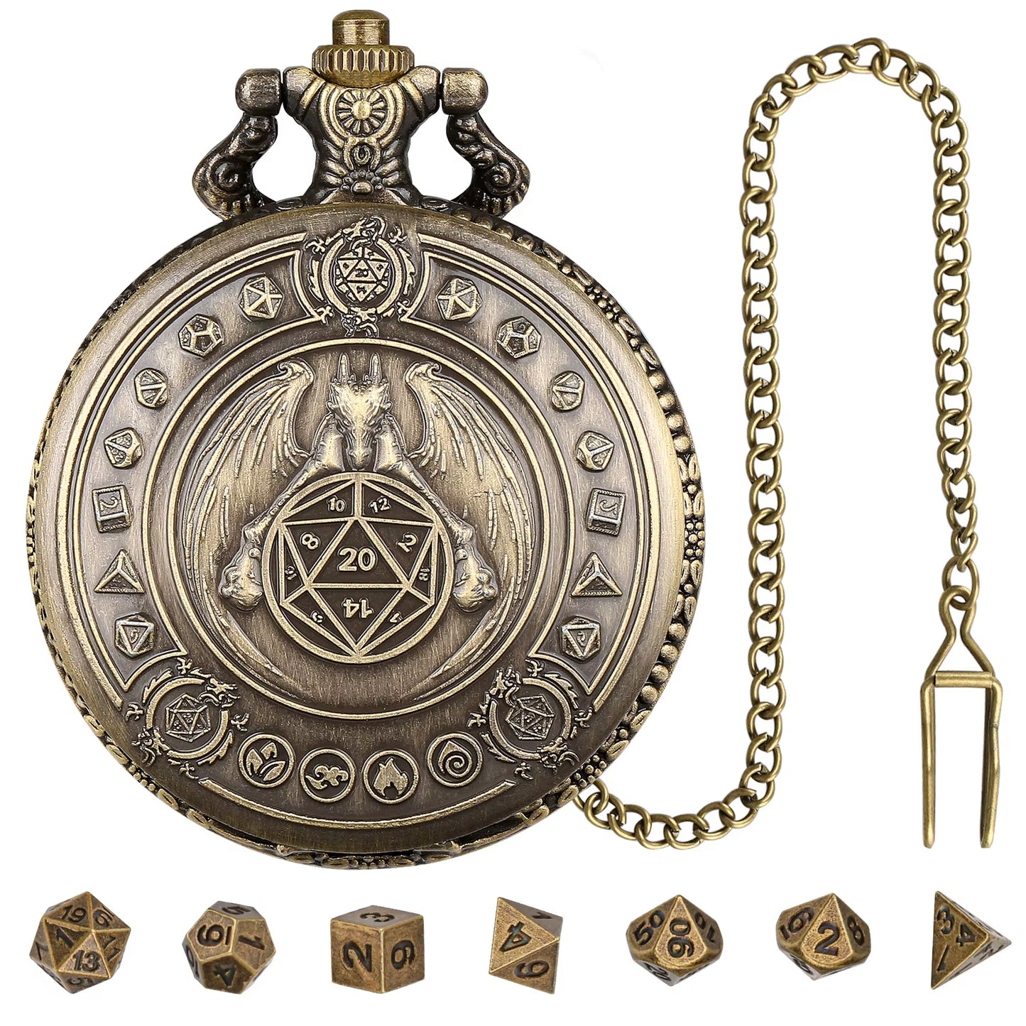 Dragon Pocket Watch Case with 7 Metal Polyhedral Dice - Retro Flip Dinosaur Jewelry Case for DND Adventures
