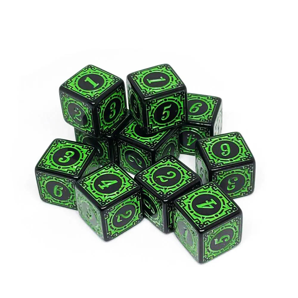 Vibrant 10-Pack Acrylic D6 Carved Pattern Dice - Colorful 6-Sided Polyhedral Game Accessories