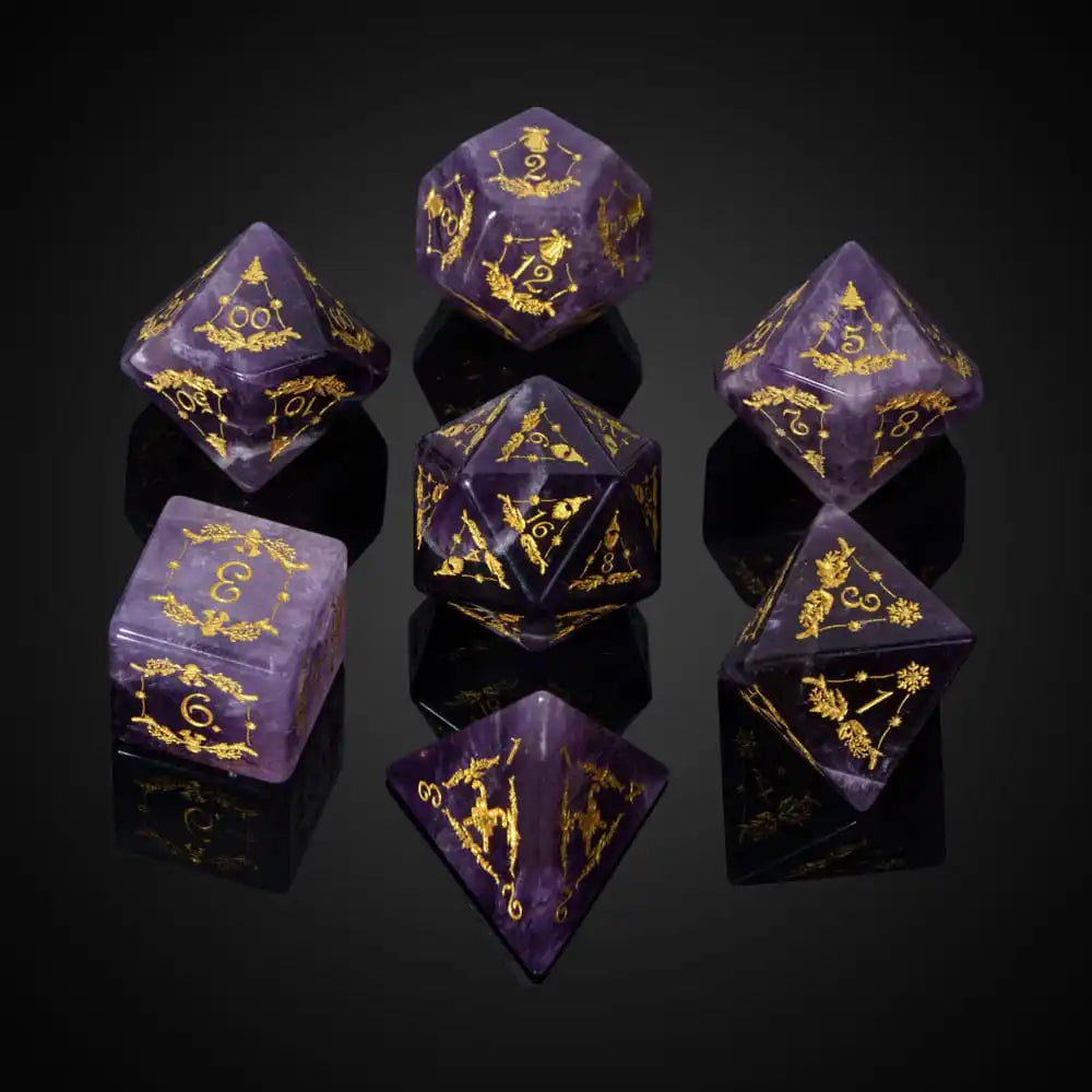 Stunning Handmade Amethyst Polyhedral Dice Set - 7pcs 16mm with Elegant Leather Box for D&D and RPG Collectors