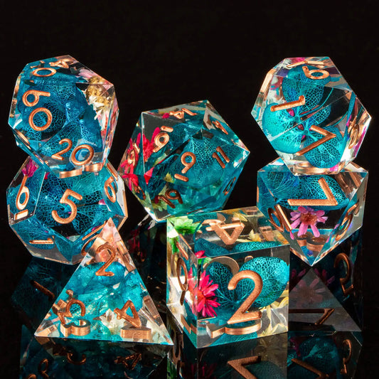 Flower Power D&D Sharp Edge Dice Set - 7 Piece Polyhedral Resin Dice for Dungeons & Dragons