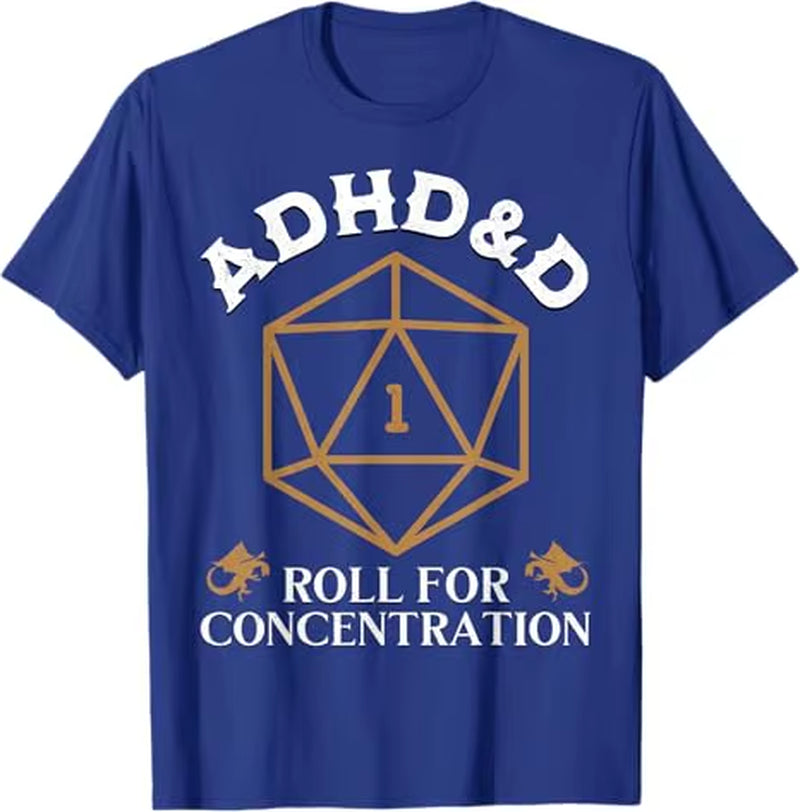 Vintage ADHD&D Concentration T-Shirt for Gamers - Funny D&D Graphic Tee for Men and Women - Polyester - تيشرتات نسائي ورجالي دي اند دي بوليستير