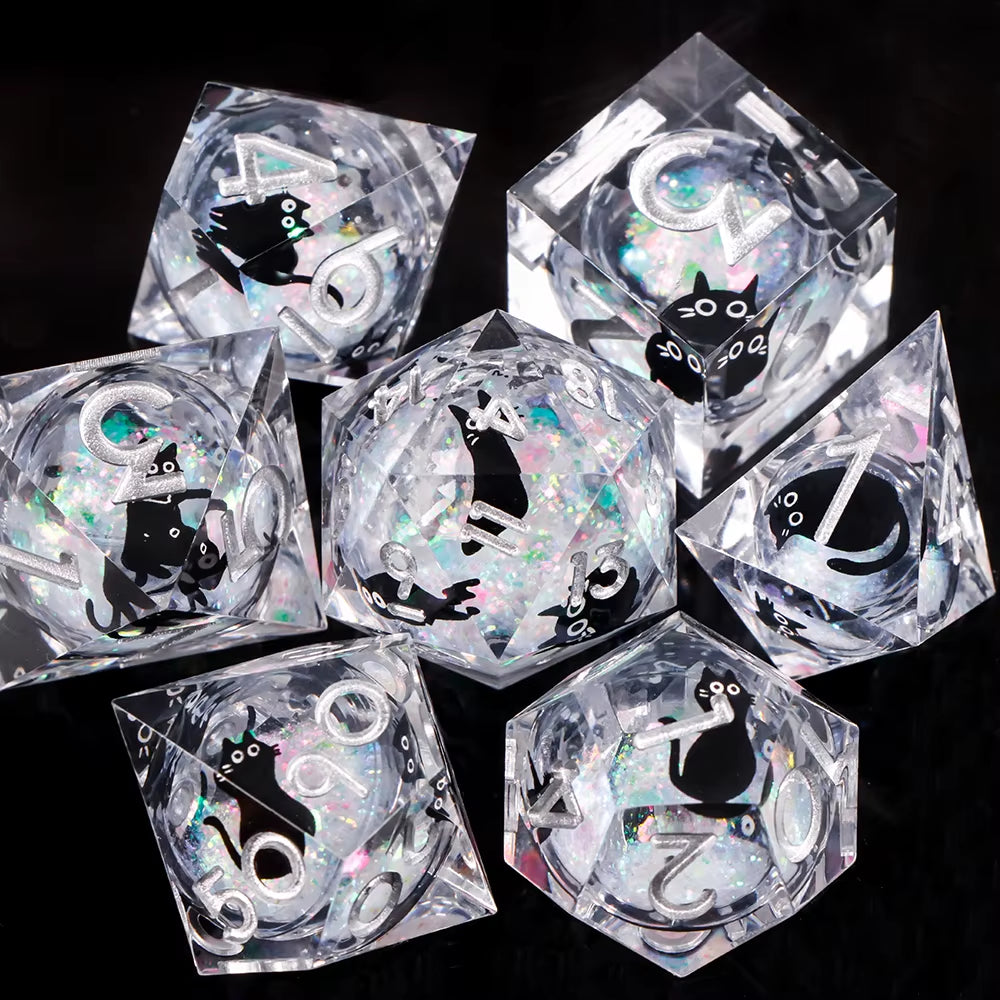 Galactic Cat Dice Set Liquid Core Sharp Edge Resin D&D Dice - نرد دي اند دي