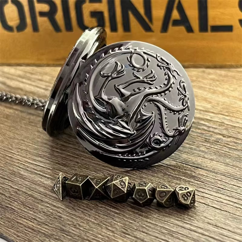 Dragon Pocket Watch Case with 7 Metal Polyhedral Dice - Retro Flip Dinosaur Jewelry Case for DND Adventures
