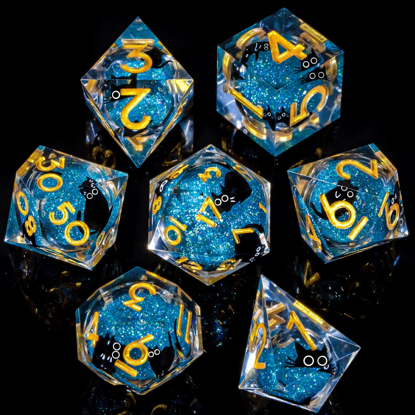 DND Cat Dice Set, Sharp Edge Resin Liquid Core Dungeon and Dragon Dice Set, RPG Role Playing D and D Dice D20 D12 D10 D8 D6 D4