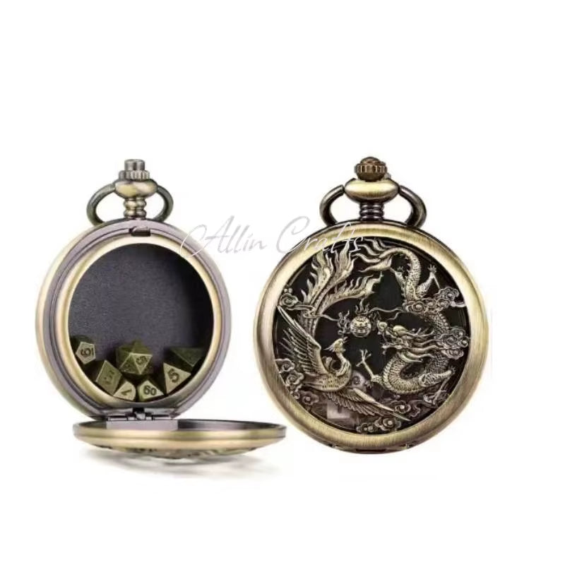 Dragon Pocket Watch Case with 7 Metal Polyhedral Dice - Retro Flip Dinosaur Jewelry Case for DND Adventures