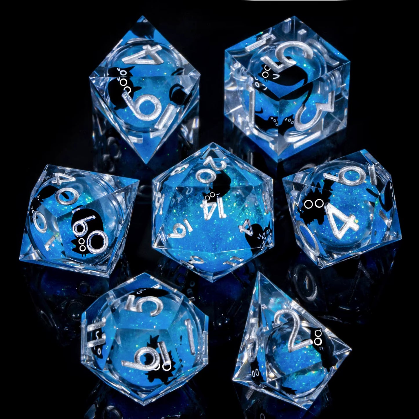 DND Cat Dice Set, Sharp Edge Resin Liquid Core Dungeon and Dragon Dice Set, RPG Role Playing D and D Dice D20 D12 D10 D8 D6 D4
