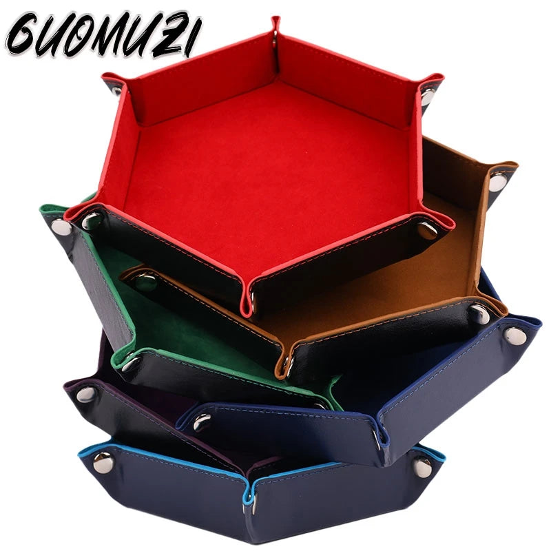 Versatile Foldable PU Leather Dice Tray Box - 6 Stylish Hexagon & Square Designs for Gaming Fun! - صحن لرمي النرد