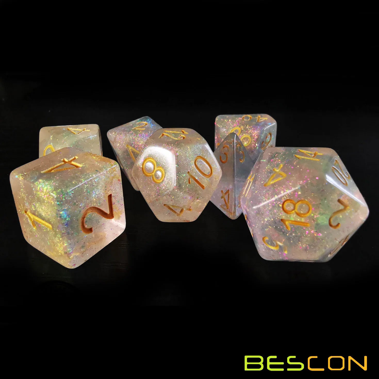 Bescon Shimmery Dice Set Bronze-Golden, RPG 7-Dice Set in Brick Box