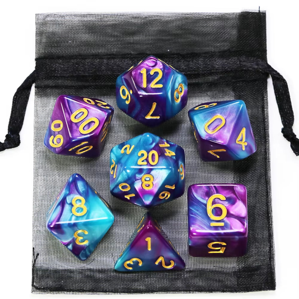 Vibrant D&D Dice Set - 9 Unique Styles with Carry Bag for RPG & TRPG Adventures - مجموعة نرد دي اند دي مع حقيبتها