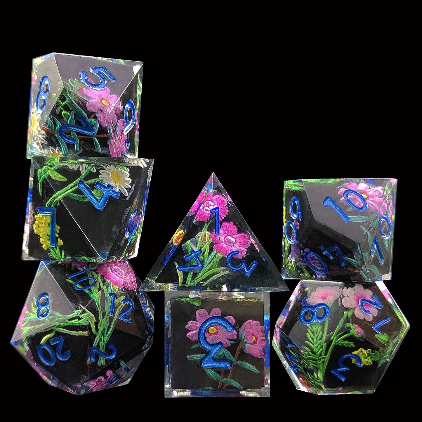Enchanting D&D Flower Resin Dice Set - 7PCS Polyhedral Dice for RPG Gamers and Collectors - نرد 7 قطع على شكل ورود