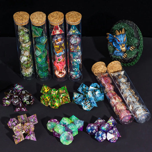 Ultimate DND Polyhedral Dice Set - 7 Random Sharp Edge Dice in Test Tube Bottle for RPG Adventures (D4-D20)