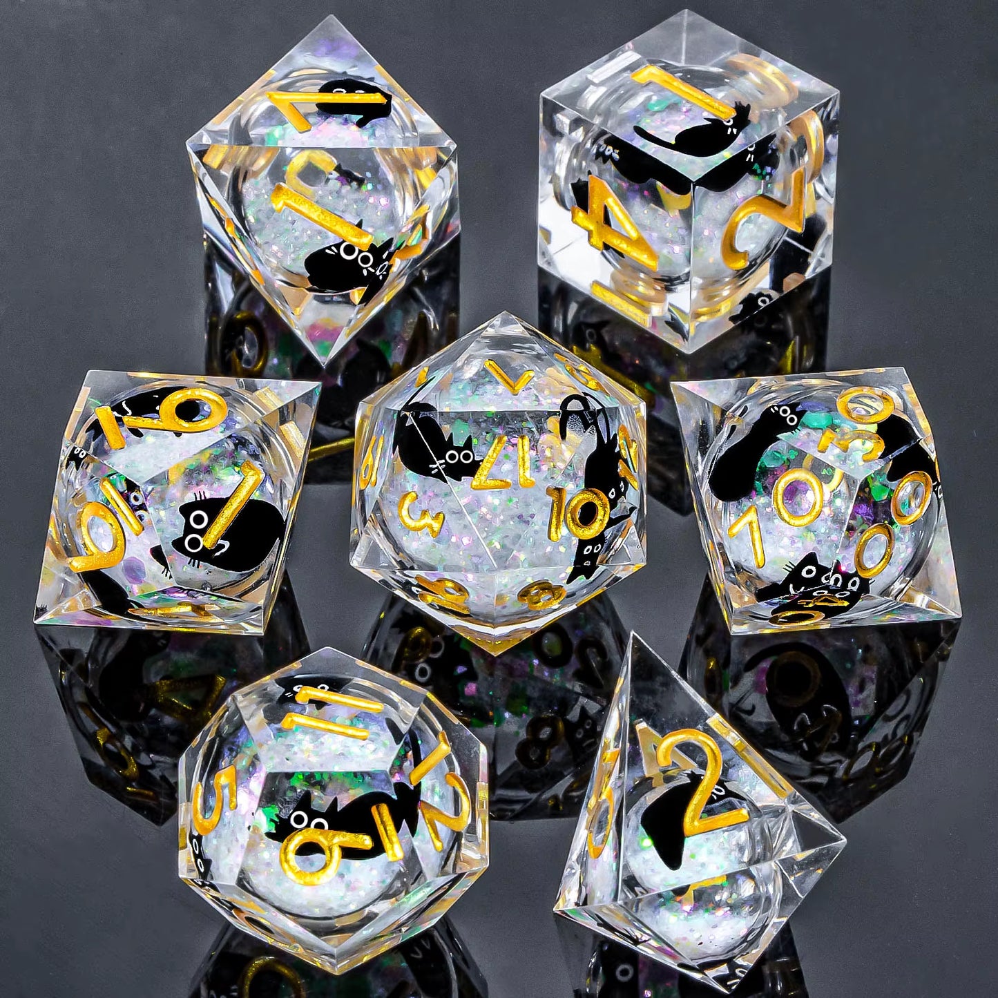 DND Cat Dice Set, Sharp Edge Resin Liquid Core Dungeon and Dragon Dice Set, RPG Role Playing D and D Dice D20 D12 D10 D8 D6 D4