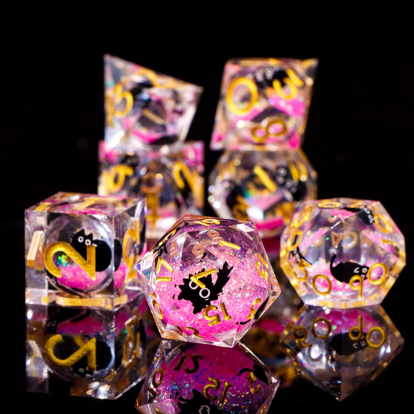 Galactic Cat Dice Set Liquid Core Sharp Edge Resin D&D Dice - نرد دي اند دي