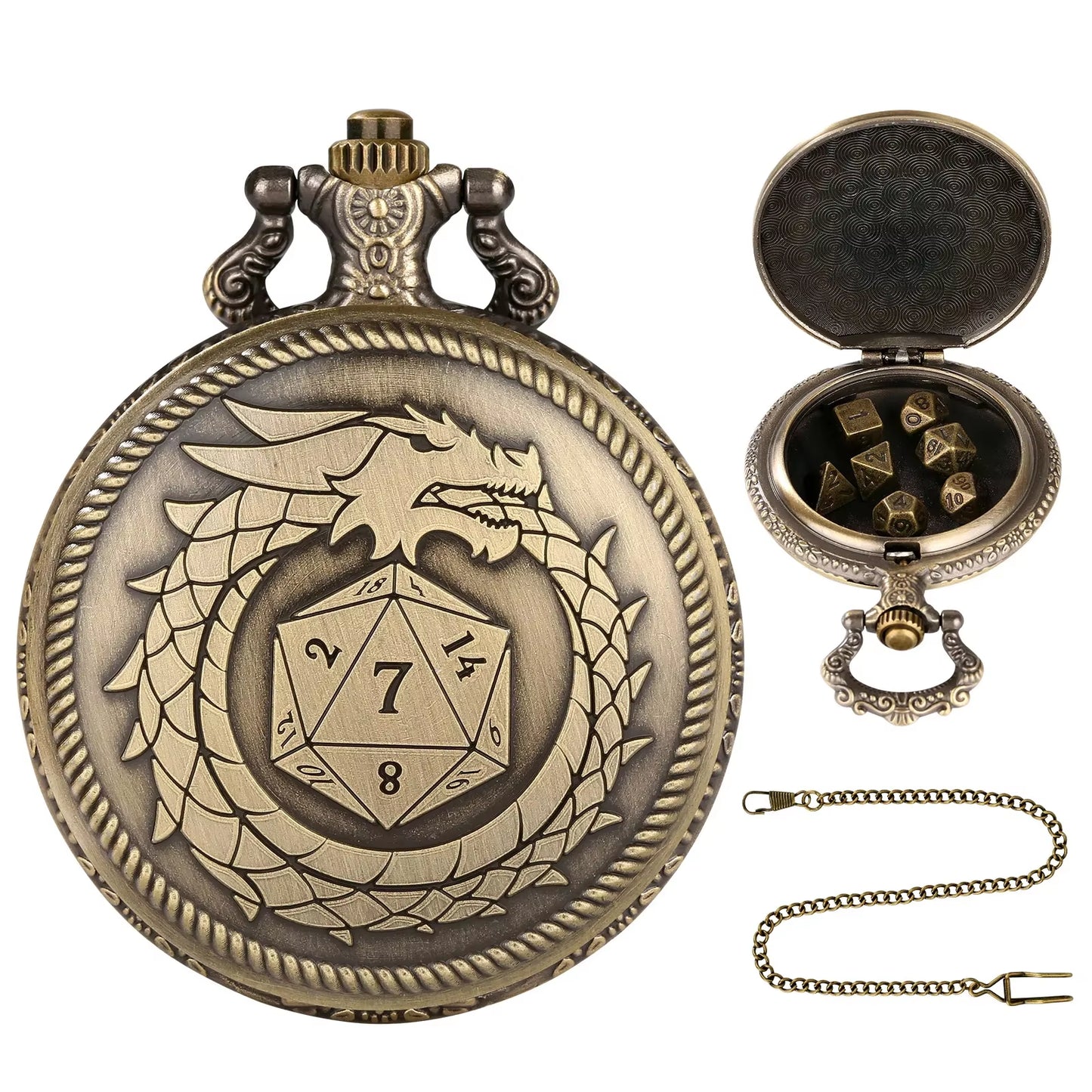 Dragon Pocket Watch Case with 7 Metal Polyhedral Dice - Retro Flip Dinosaur Jewelry Case for DND Adventures