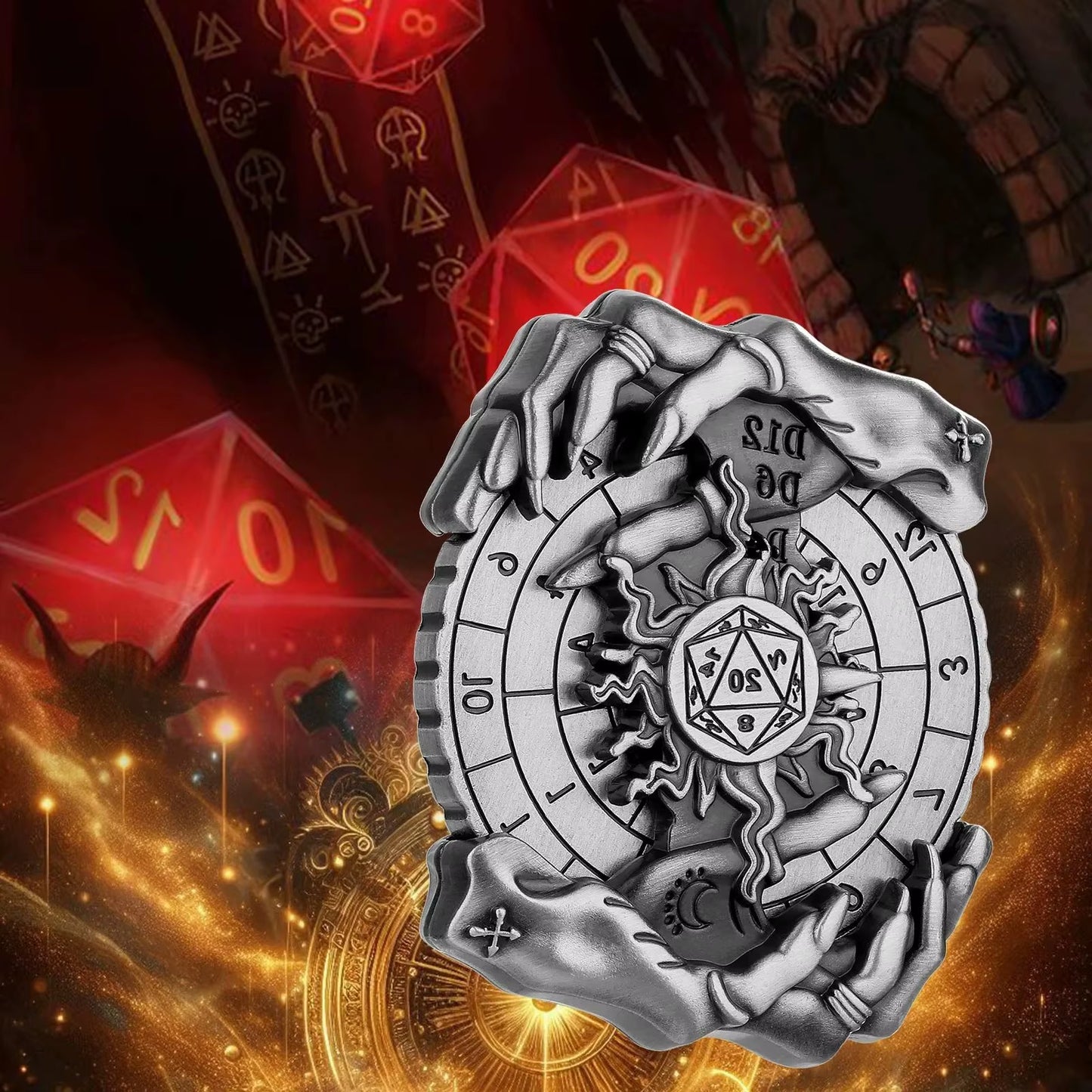 7-in-1 Metal D&D Dice Set with Rotating Digital Compass - نرد دي اند دي معدني