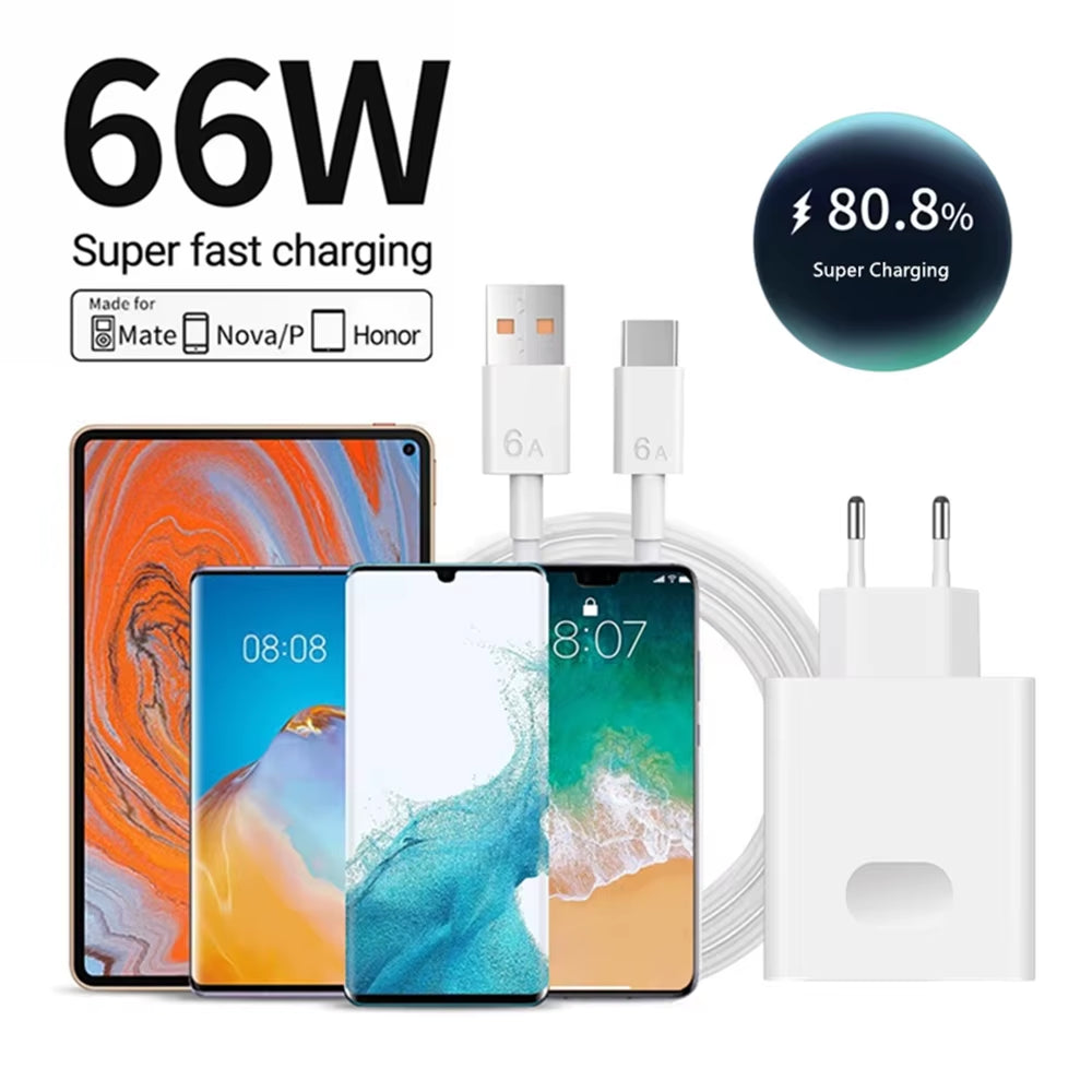 6A 66W Super Fast EU/US Wall Charger for Huawei Mate 40 50 60 P50 Nova 8 9 10 Honor 90 100 X8 X9 Magic Type C Charging USB Cable