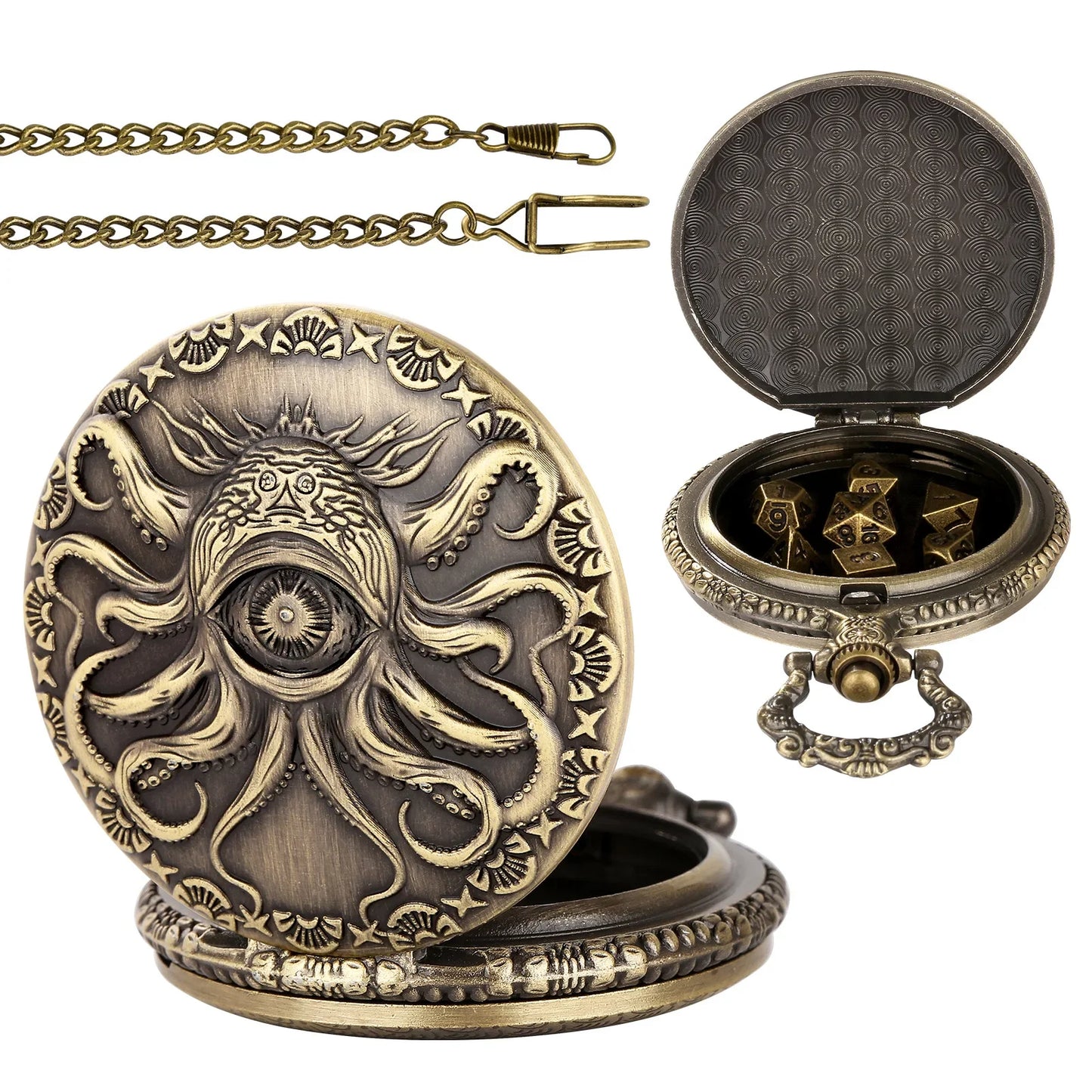 Octopus Metal Dice Case Vintage Cthulhu Pocket Watch DND Dice One Eyed Octopus Pocket Watch Box Dice for Role Playing Games