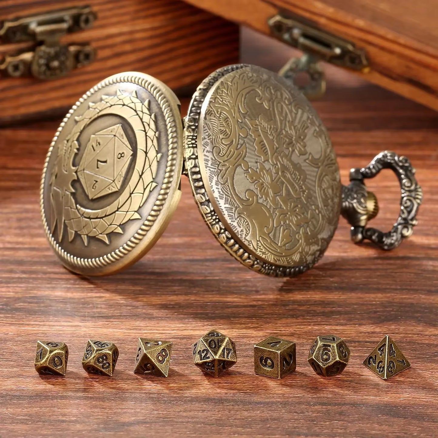 Dragon Pocket Watch Case with 7 Metal Polyhedral Dice - Retro Flip Dinosaur Jewelry Case for DND Adventures