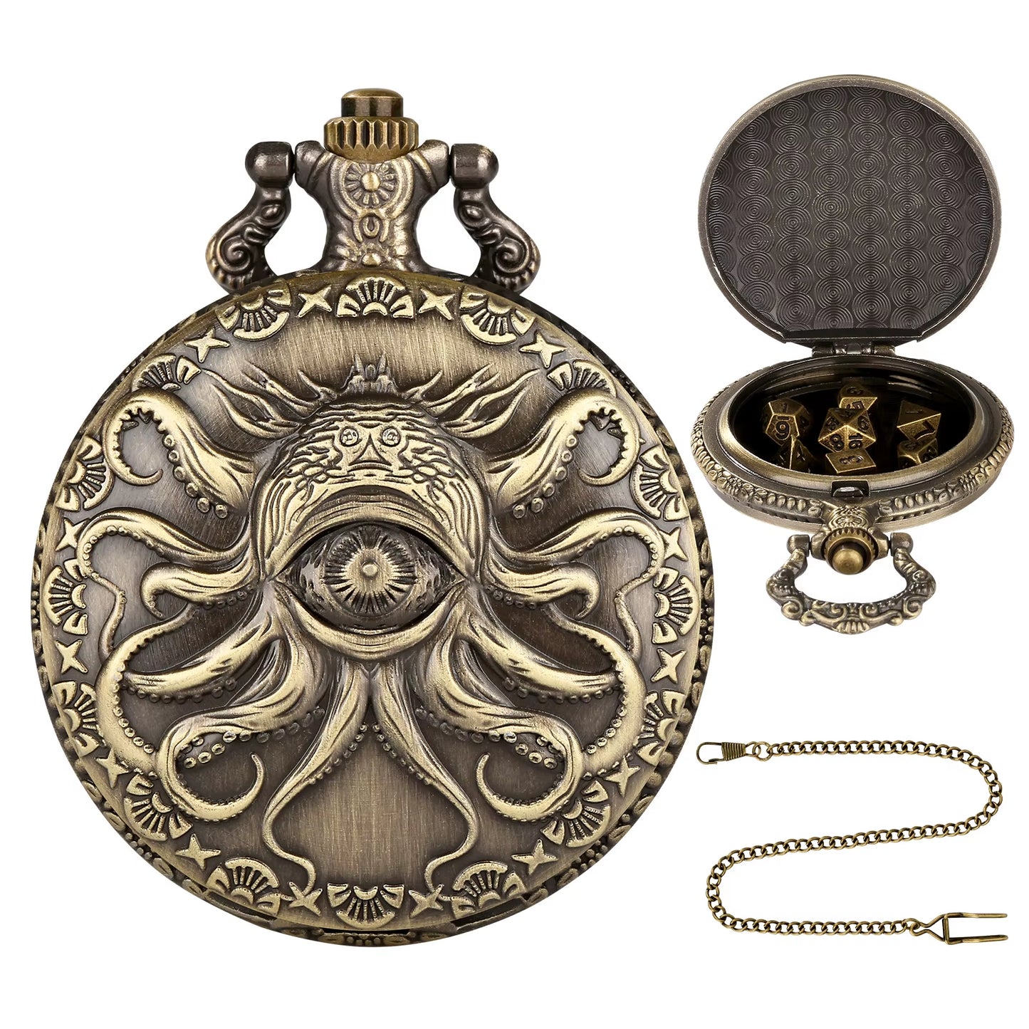 Dragon Pocket Watch Case with 7 Metal Polyhedral Dice - Retro Flip Dinosaur Jewelry Case for DND Adventures