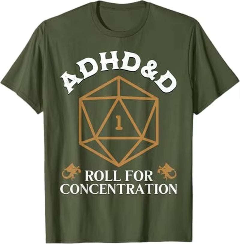 Vintage ADHD&D Concentration T-Shirt for Gamers - Funny D&D Graphic Tee for Men and Women - Polyester - تيشرتات نسائي ورجالي دي اند دي بوليستير