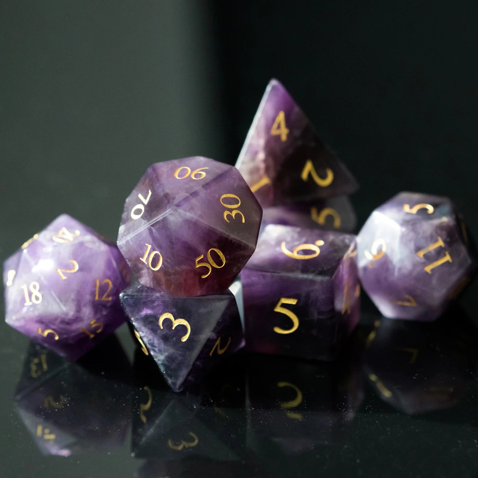 Stunning Handmade Amethyst Polyhedral Dice Set - 7pcs 16mm with Elegant Leather Box for D&D and RPG Collectors
