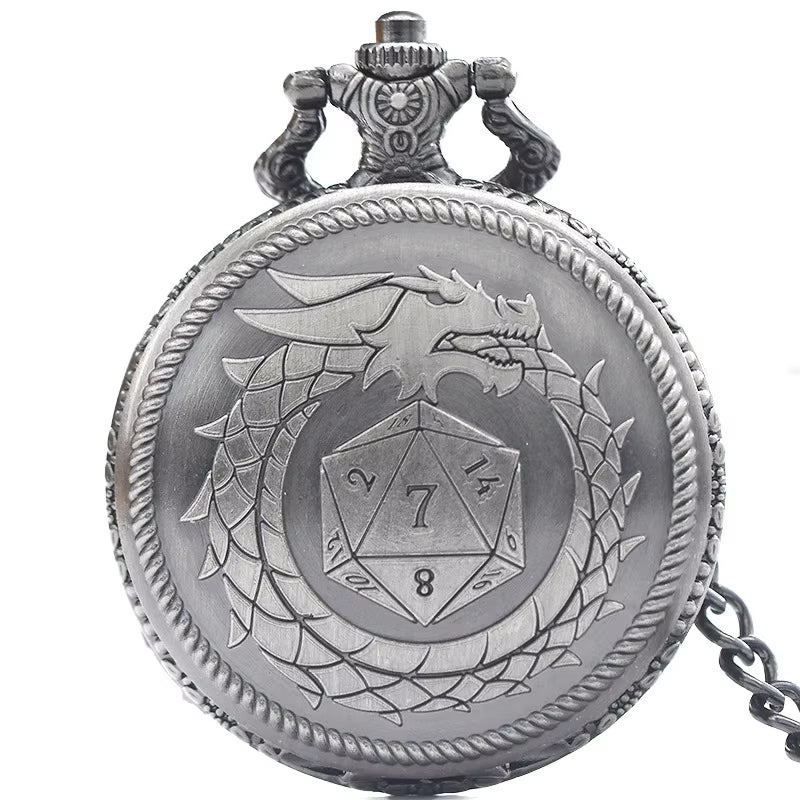 Dragon Pocket Watch Case with 7 Metal Polyhedral Dice - Retro Flip Dinosaur Jewelry Case for DND Adventures