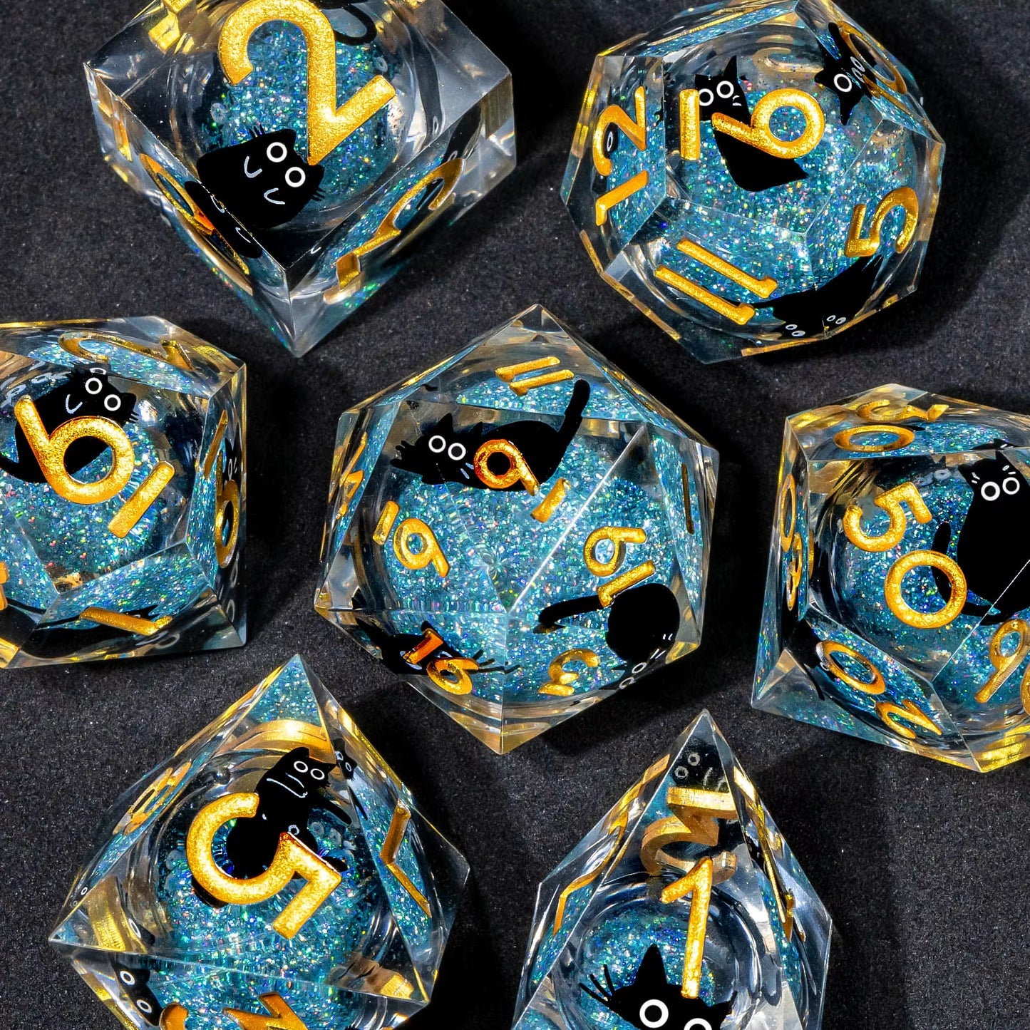 Cat Liquid Core Resin Sharp Edge D&D Dice Set - نرد دي اند دي قطة