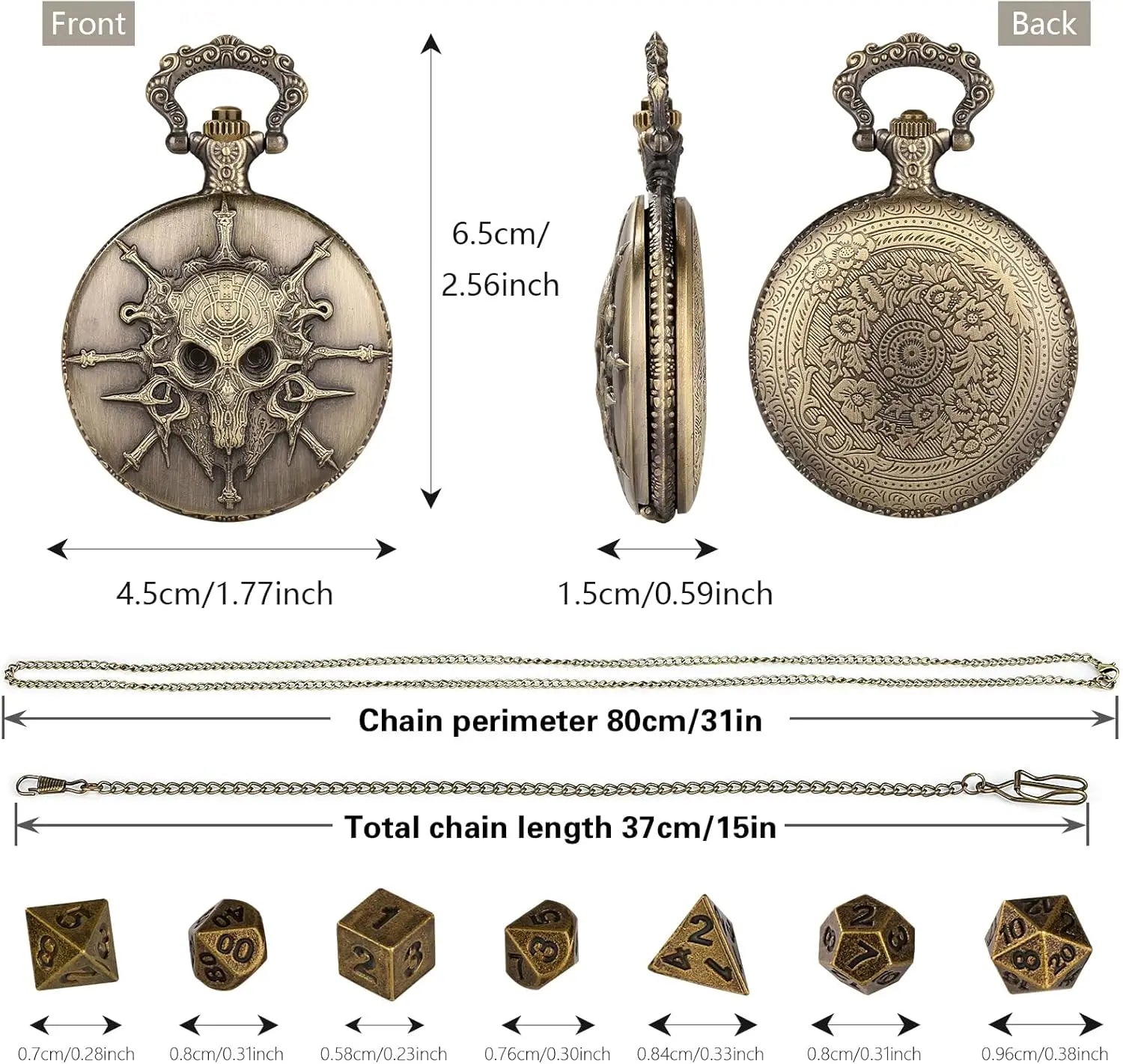 Steampunk Warlock Mini DND Dice Set - 7Pcs Polyhedral Metal Dice with Pocket Watch Shell Case for Dungeons & Dragons
