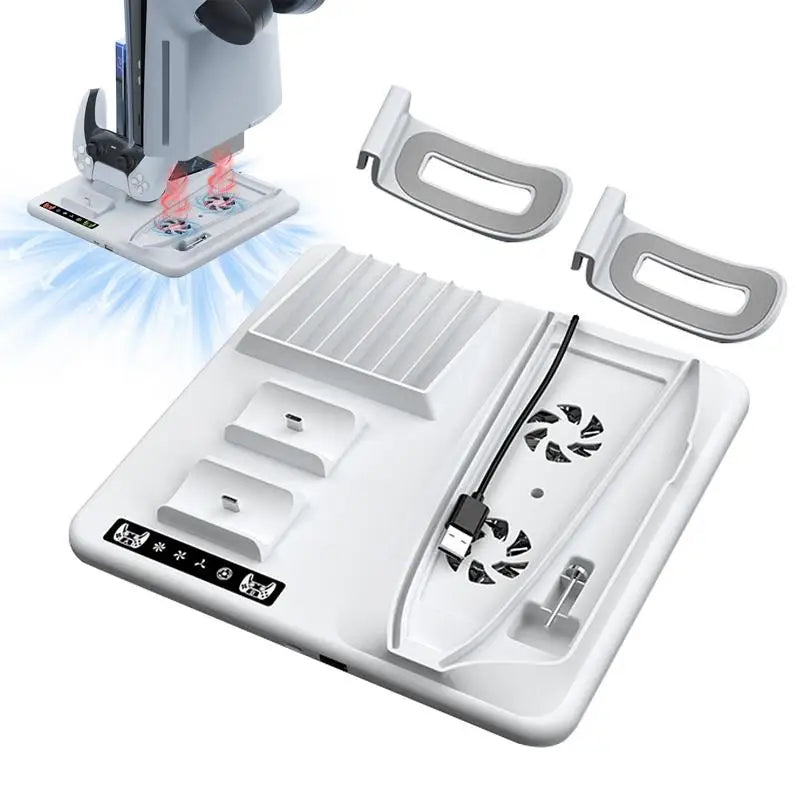 PS5 Slim Vertical Stand with Controller Charging Dock and Cooling Fan - Essential Accessory for PlayStation 5 Console - حامل عمودي لجهاز بلايستيشن 5 مع قاعدة شحن يد التحكم ومروحة تبريد