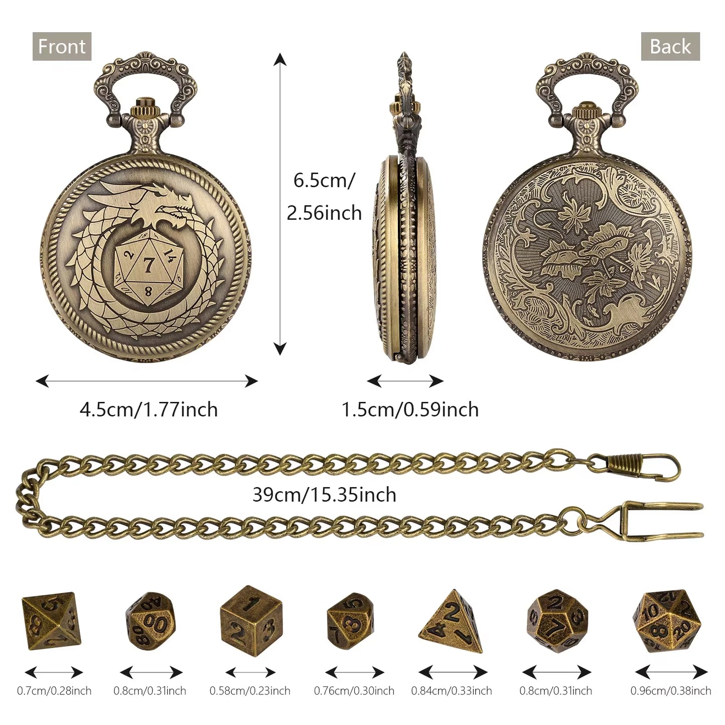 Dragon Pocket Watch Case with 7 Metal Polyhedral Dice - Retro Flip Dinosaur Jewelry Case for DND Adventures