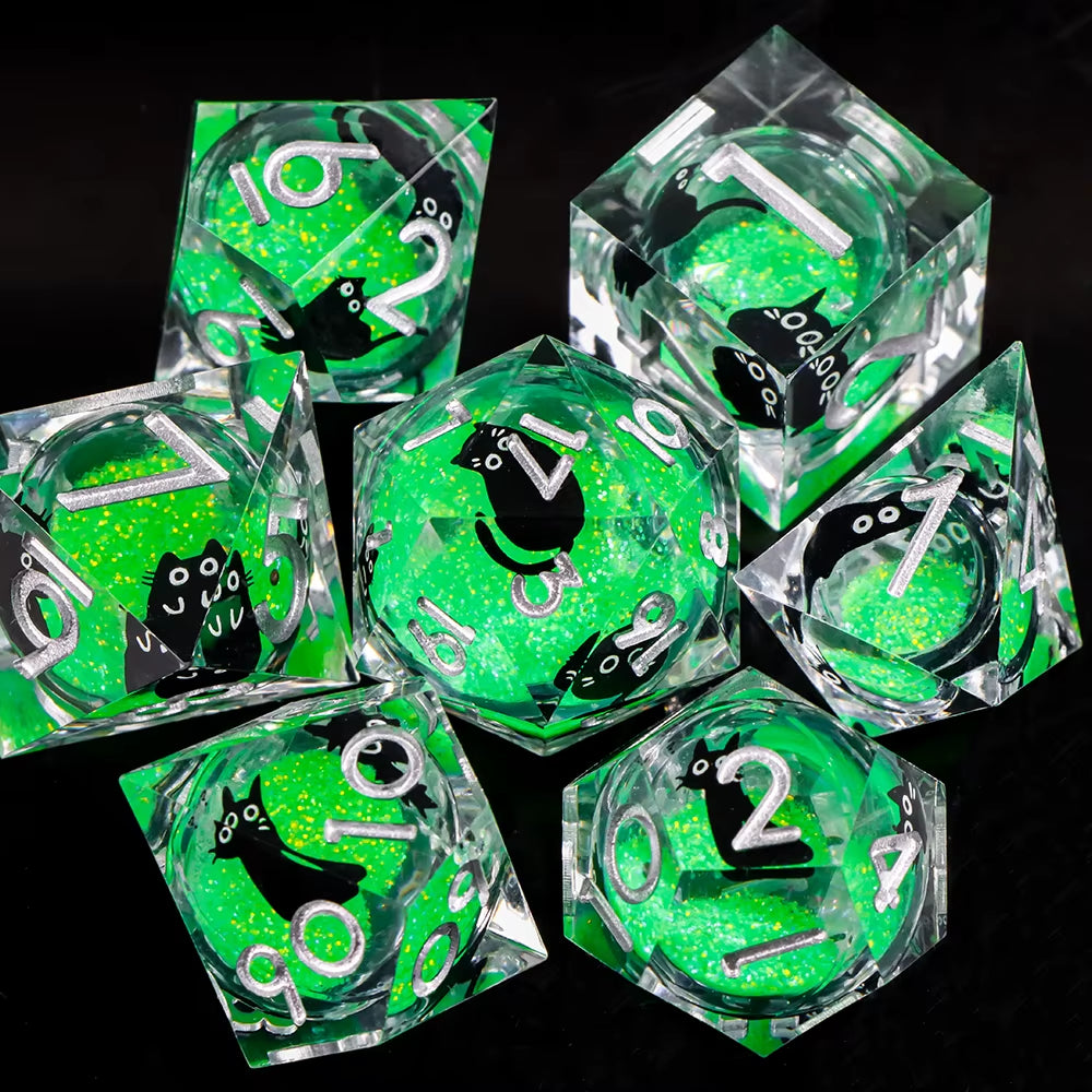 Galactic Cat Dice Set Liquid Core Sharp Edge Resin D&D Dice - نرد دي اند دي