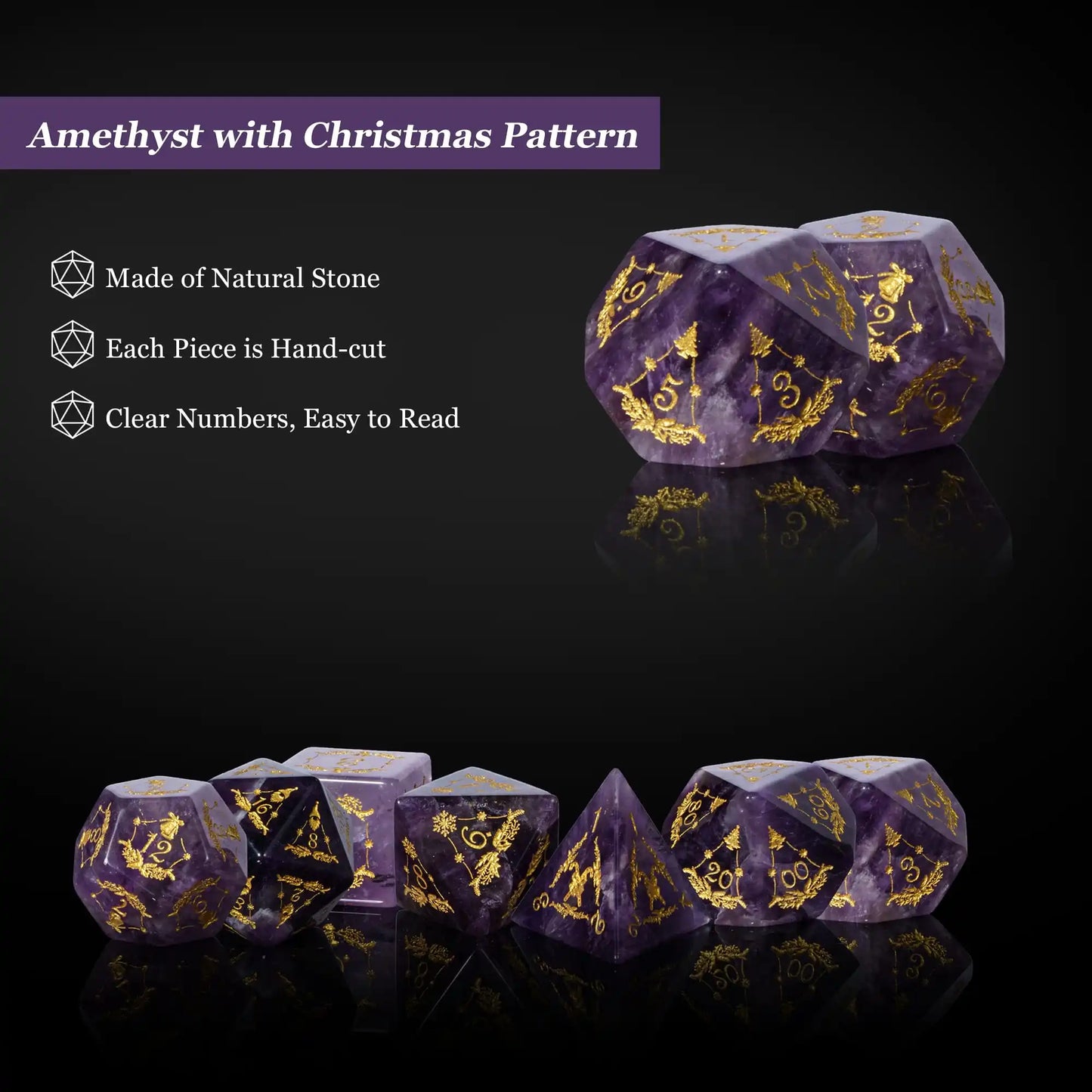Stunning Handmade Amethyst Polyhedral Dice Set - 7pcs 16mm with Elegant Leather Box for D&D and RPG Collectors