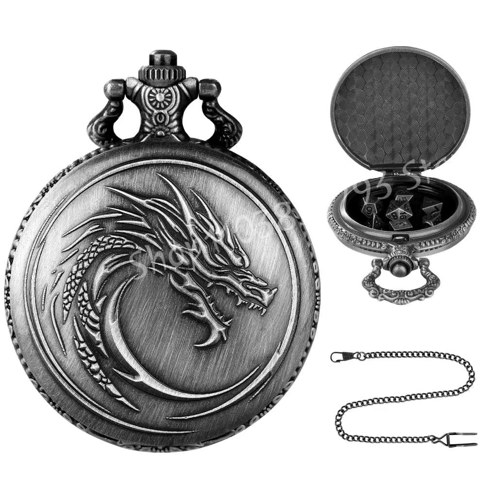 Dragon Pocket Watch Case with 7 Metal Polyhedral Dice - Retro Flip Dinosaur Jewelry Case for DND Adventures