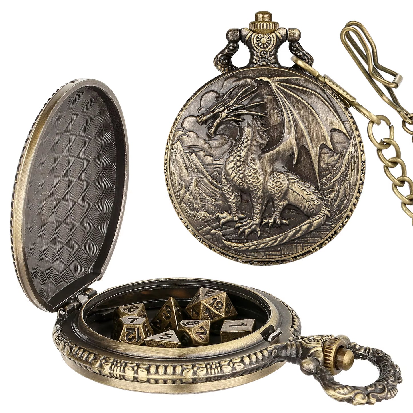 Dragon Pocket Watch Case with 7 Metal Polyhedral Dice - Retro Flip Dinosaur Jewelry Case for DND Adventures