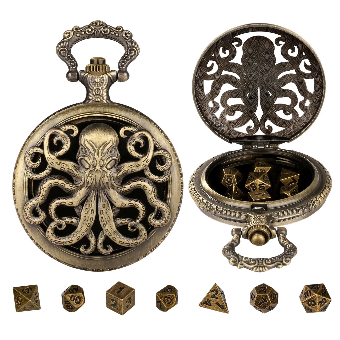 Octopus Metal Dice Case Vintage Cthulhu Pocket Watch DND Dice One Eyed Octopus Pocket Watch Box Dice for Role Playing Games