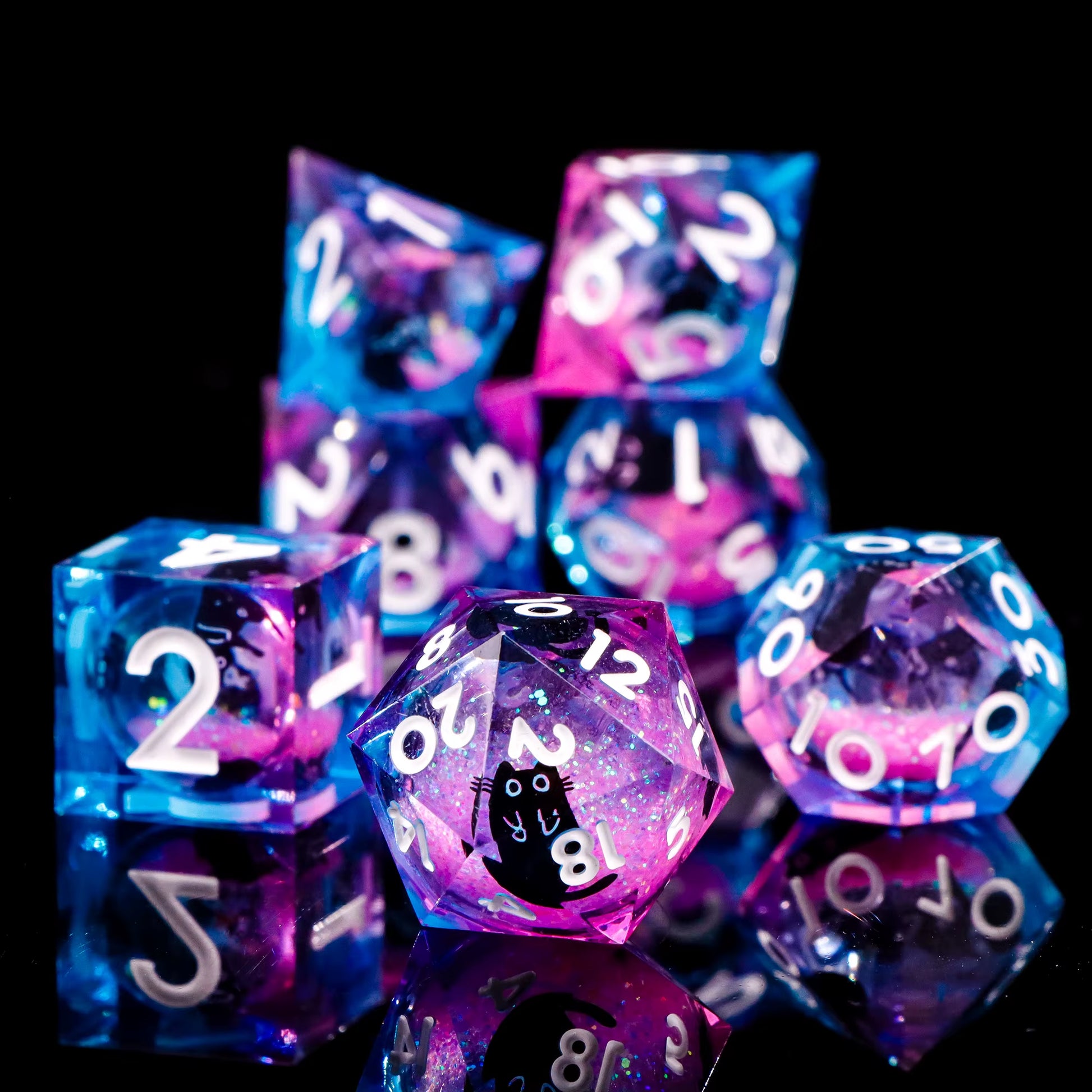 Galactic Cat Dice Set Liquid Core Sharp Edge Resin D&D Dice - نرد دي اند دي