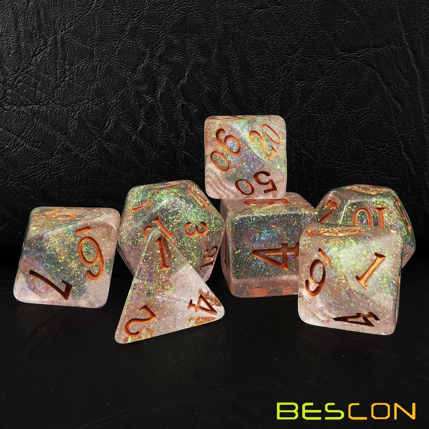 Bescon Shimmery Dice Set Bronze-Golden, RPG 7-Dice Set in Brick Box