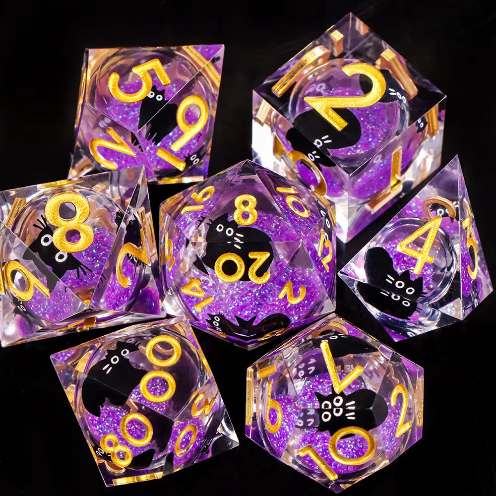 Galactic Cat Dice Set Liquid Core Sharp Edge Resin D&D Dice - نرد دي اند دي